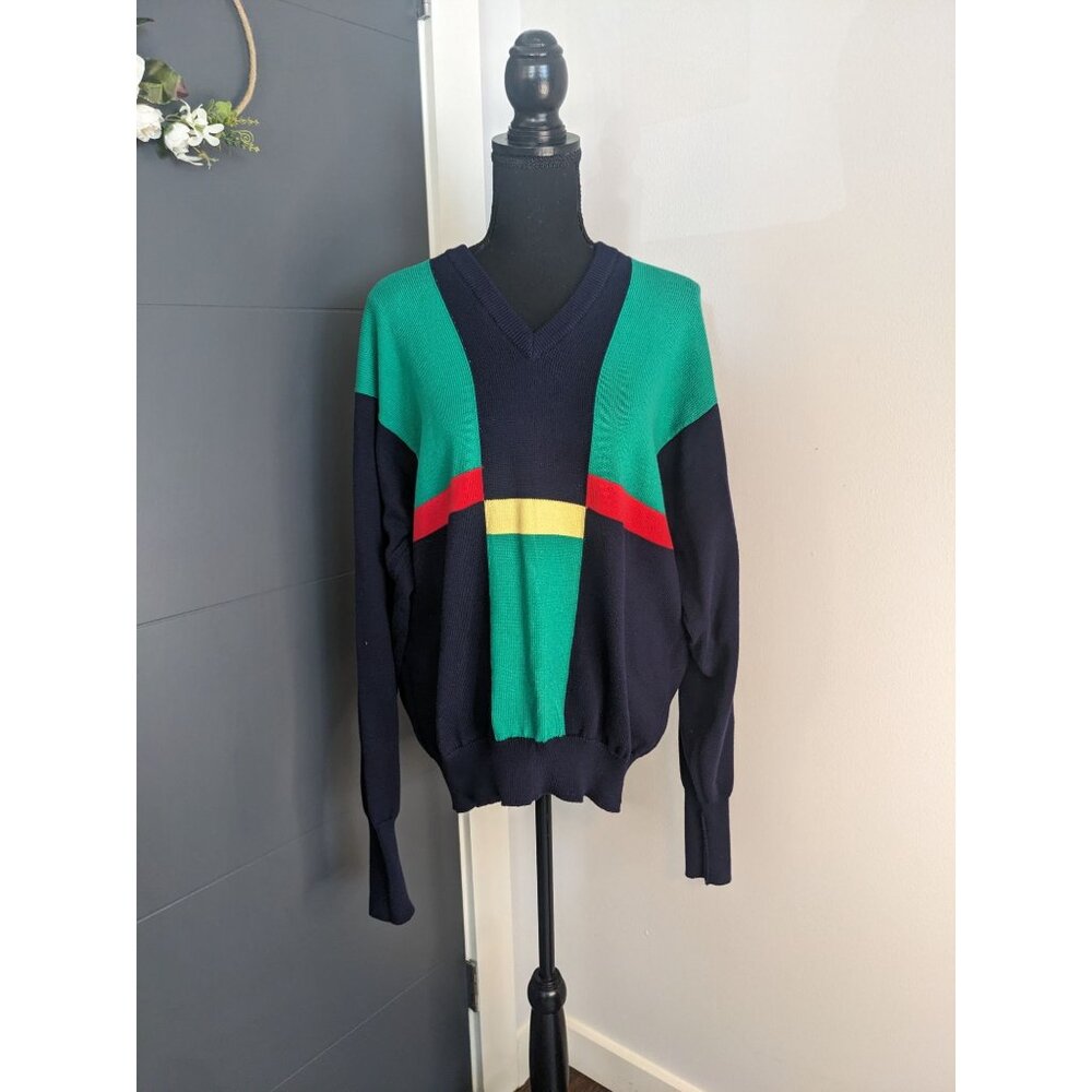 J McInerney Ltd Scotland Navy Green Red Yellow Colorblock V-Neck Sweater: 112/44